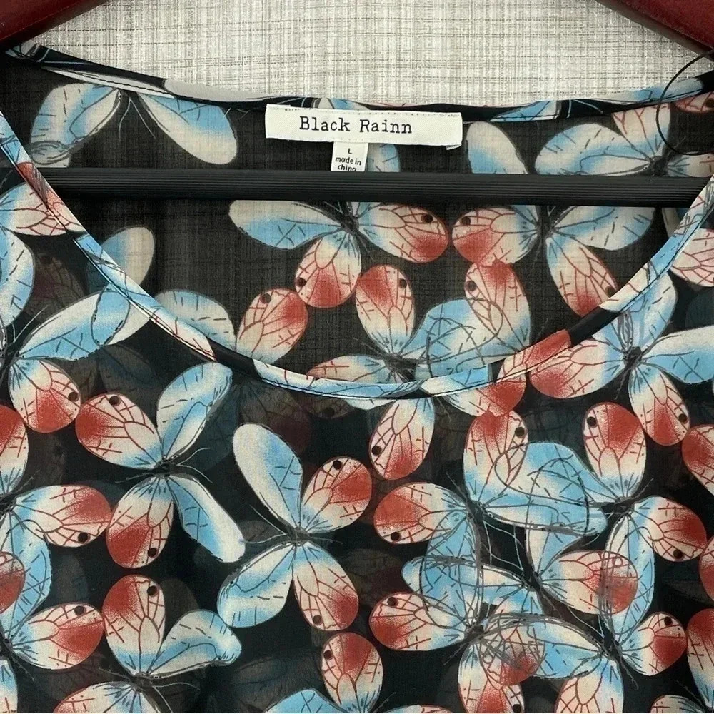 Black Rainn Floral Chiffon Pullover Scoop neck 1/2 Sleeve Elastic Hem Women's L - Picture 2 of 11